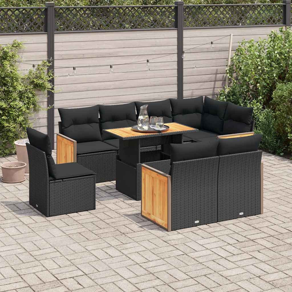 vidaXL Salon de jardin avec coussins 9 pcs noir résine tressée acacia