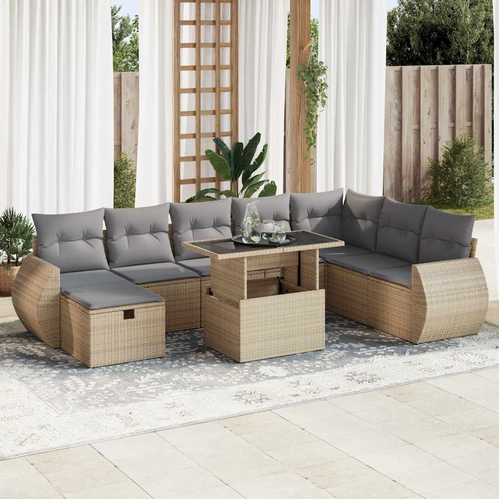 vidaXL Salon de jardin avec coussins 9 pcs beige résine tressée