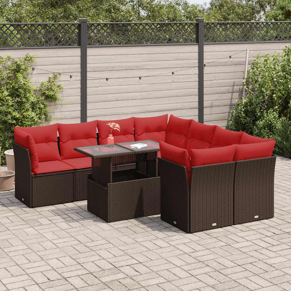 vidaXL Salon de jardin avec coussins 9pcs marron résine tressée acacia