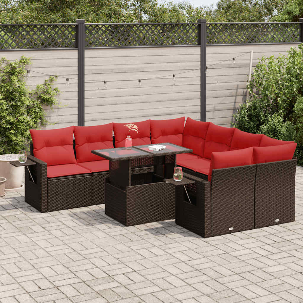 vidaXL Salon de jardin avec coussins 9 pcs marron résine tressée acacia