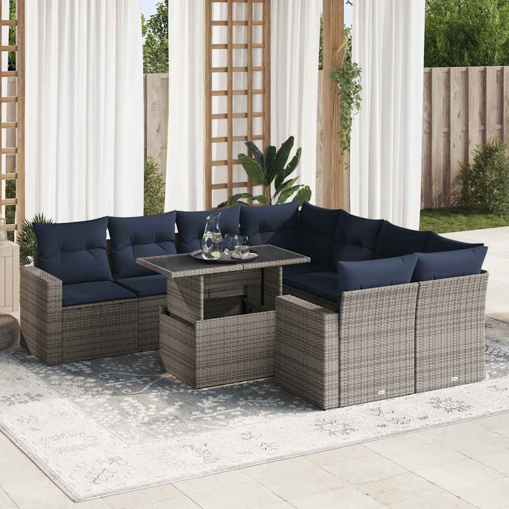 vidaXL Salon de jardin avec coussins 9 pcs gris résine tressée acacia