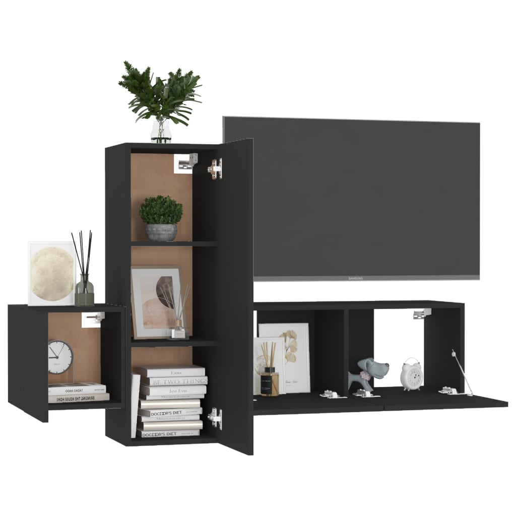 vidaXL Ensemble de meubles TV 3 pcs Noir Bois d'ingénierie - Image 3
