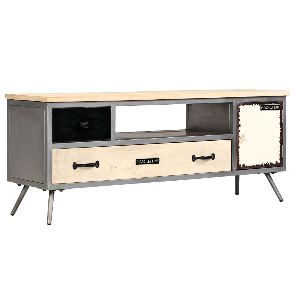 vidaXL Meuble TV Bois de manguier massif et acier 120x30x45 cm
