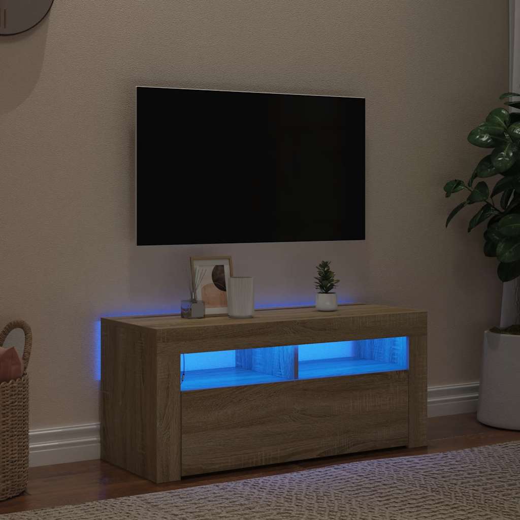 vidaXL Meuble TV avec lumières LED chêne sonoma 90x35x40 cm