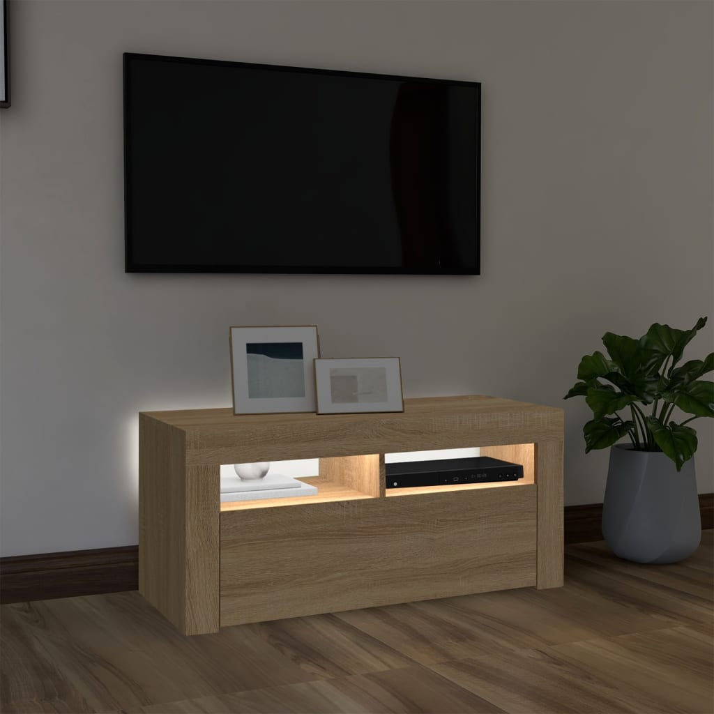vidaXL Meuble TV avec lumières LED chêne sonoma 90x35x40 cm - Image 3