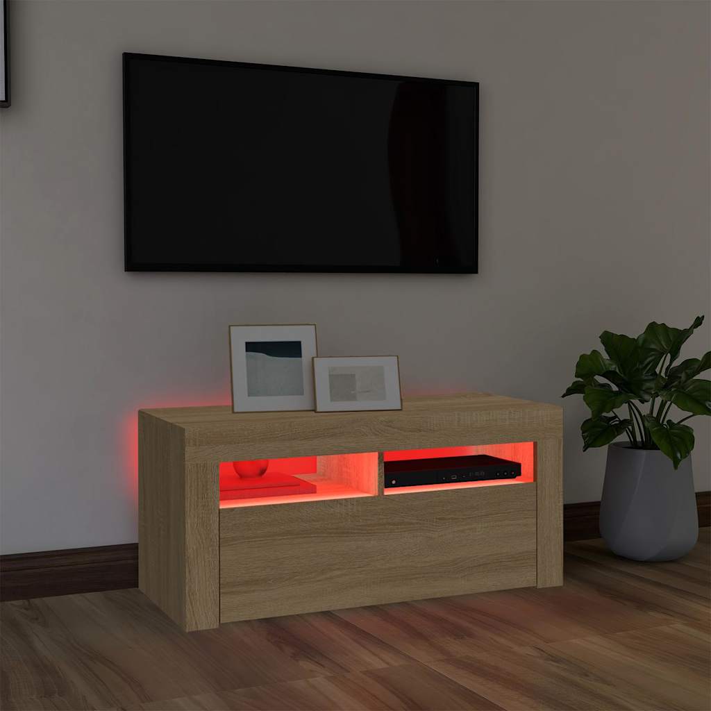 vidaXL Meuble TV avec lumières LED chêne sonoma 90x35x40 cm - Image 5