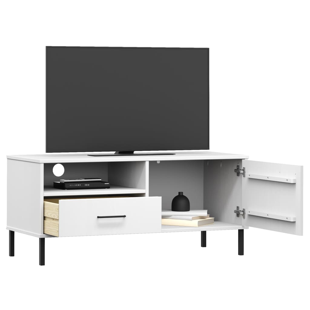 vidaXL Meuble TV avec pieds en métal Blanc Bois de pin massif OSLO - Image 3