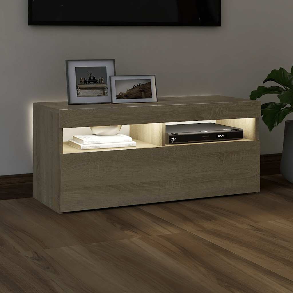 vidaXL Meuble TV avec lumières LED chêne sonoma 90x35x40 cm - Image 3
