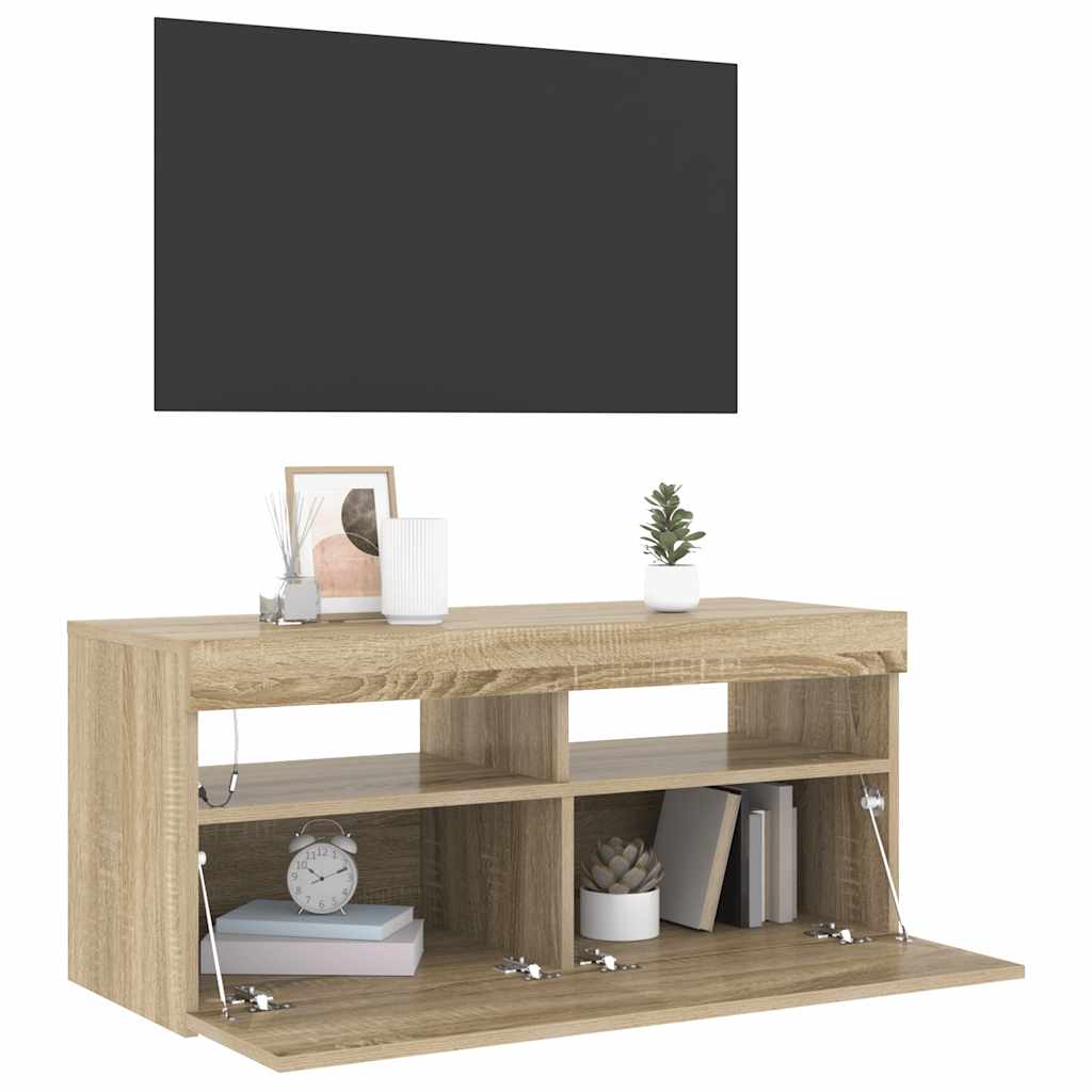 vidaXL Meuble TV avec lumières LED chêne sonoma 90x35x40 cm - Image 6