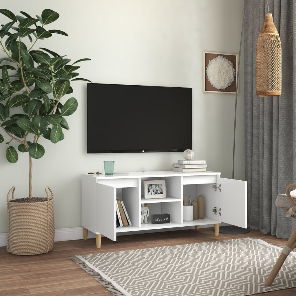 vidaXL Meuble TV avec pieds en bois massif Blanc 103,5x35x50 cm - Image 3