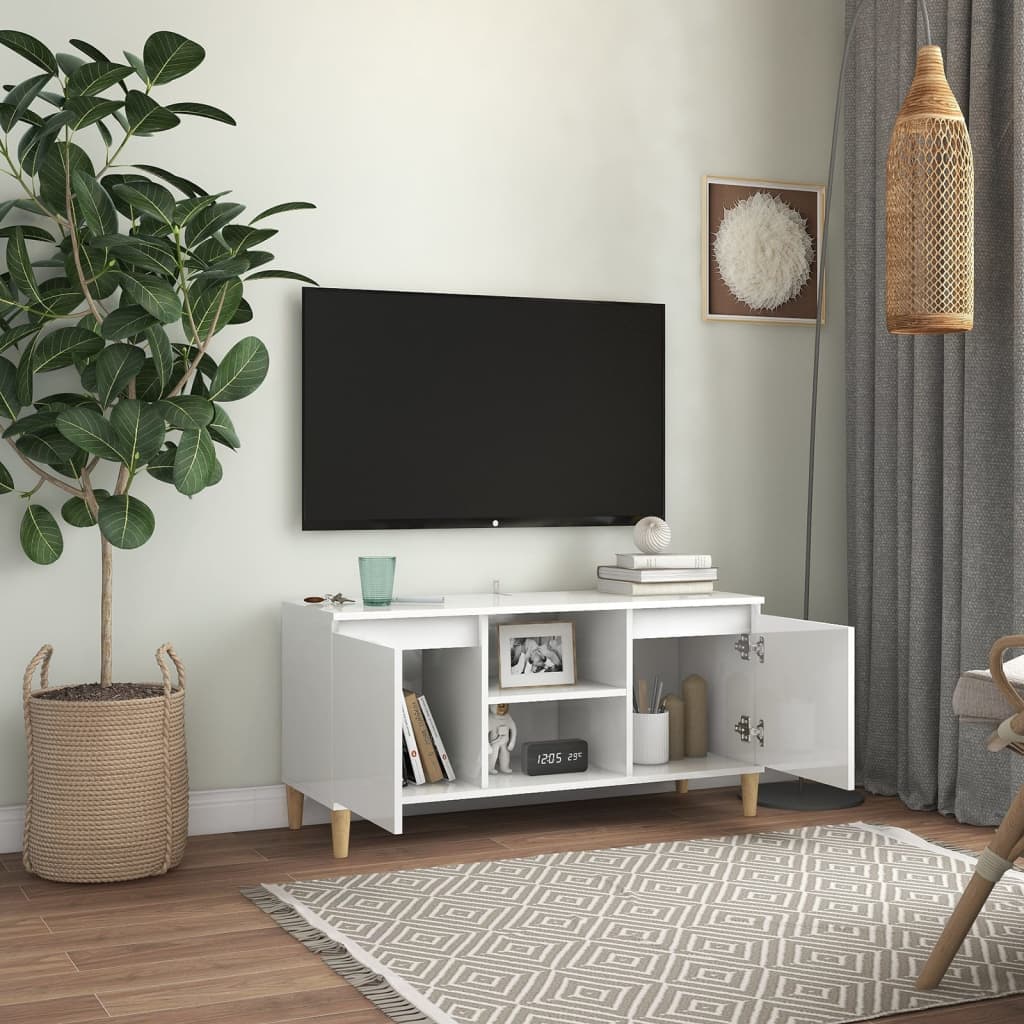 vidaXL Meuble TV avec pieds en bois Blanc brillant 103,5x35x50 cm - Image 3