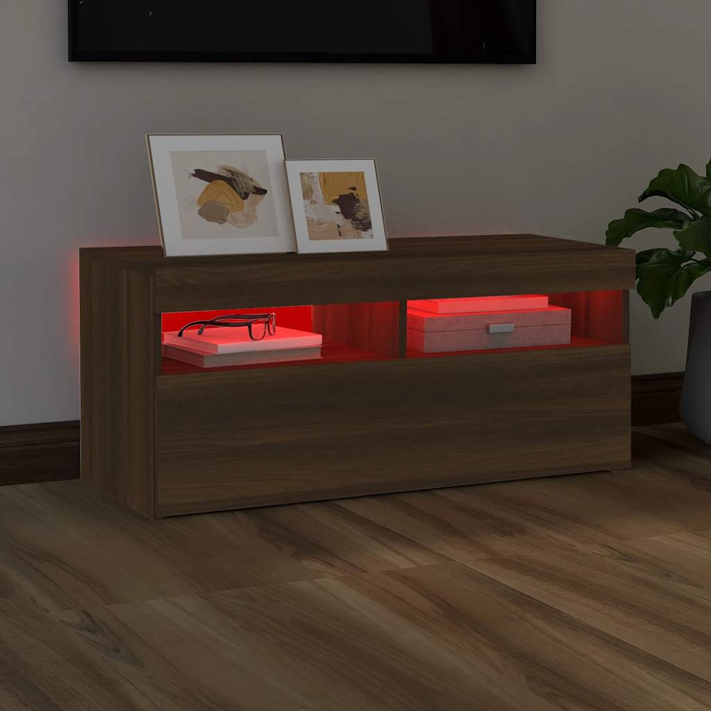vidaXL Meuble TV avec lumières LED Chêne marron 90x35x40 cm - Image 5