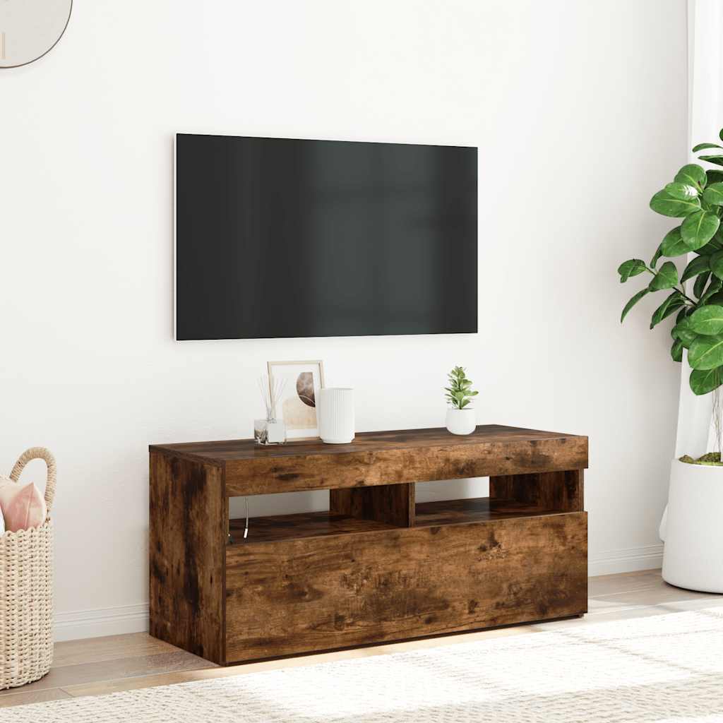 vidaXL Meuble TV avec lumières LED Chêne fumé 90x35x40 cm