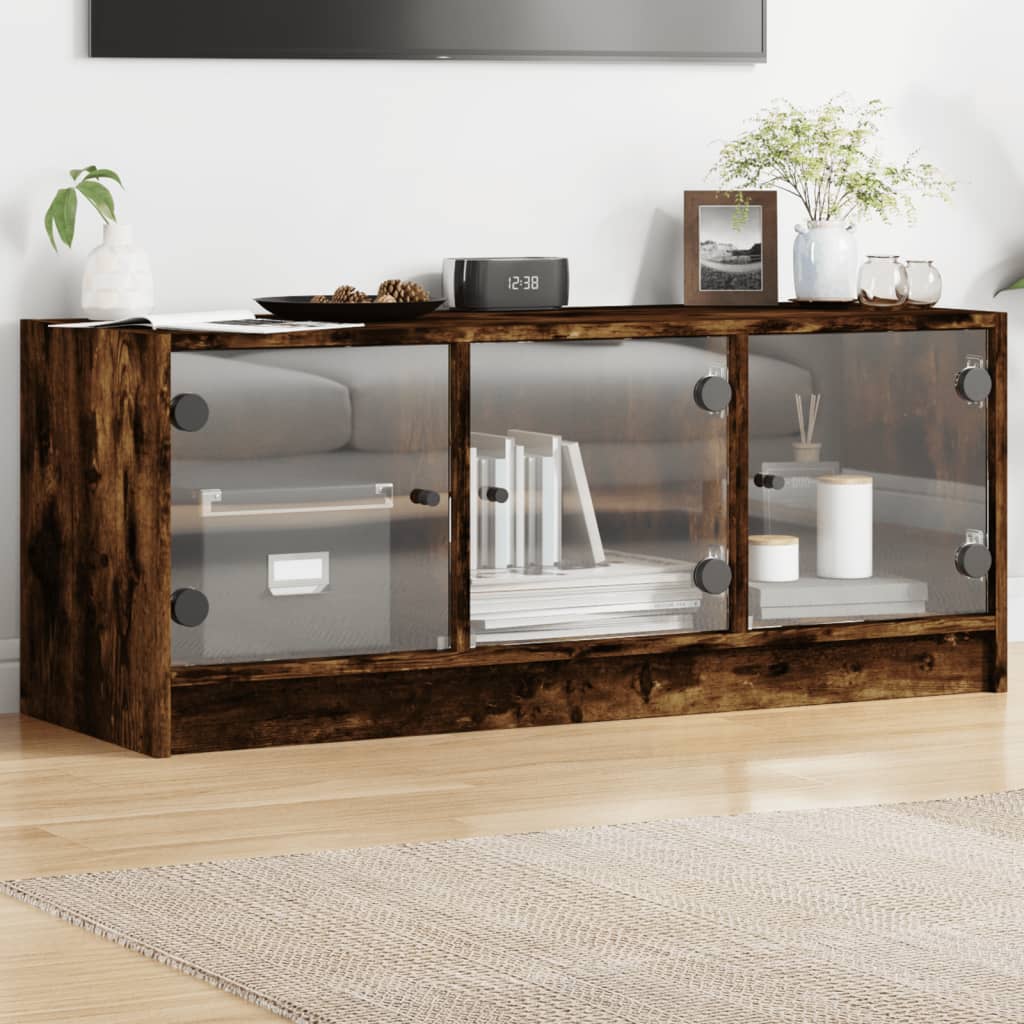 vidaXL Meuble TV avec portes en verre chêne fumé 102x37x42 cm