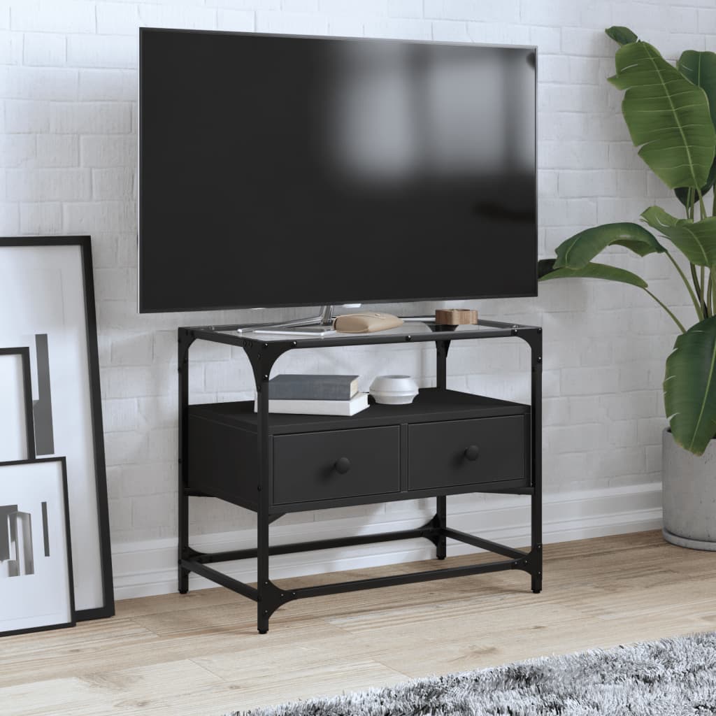 vidaXL Meuble TV et dessus en verre noir 60x35x51 cm bois d'ingénierie