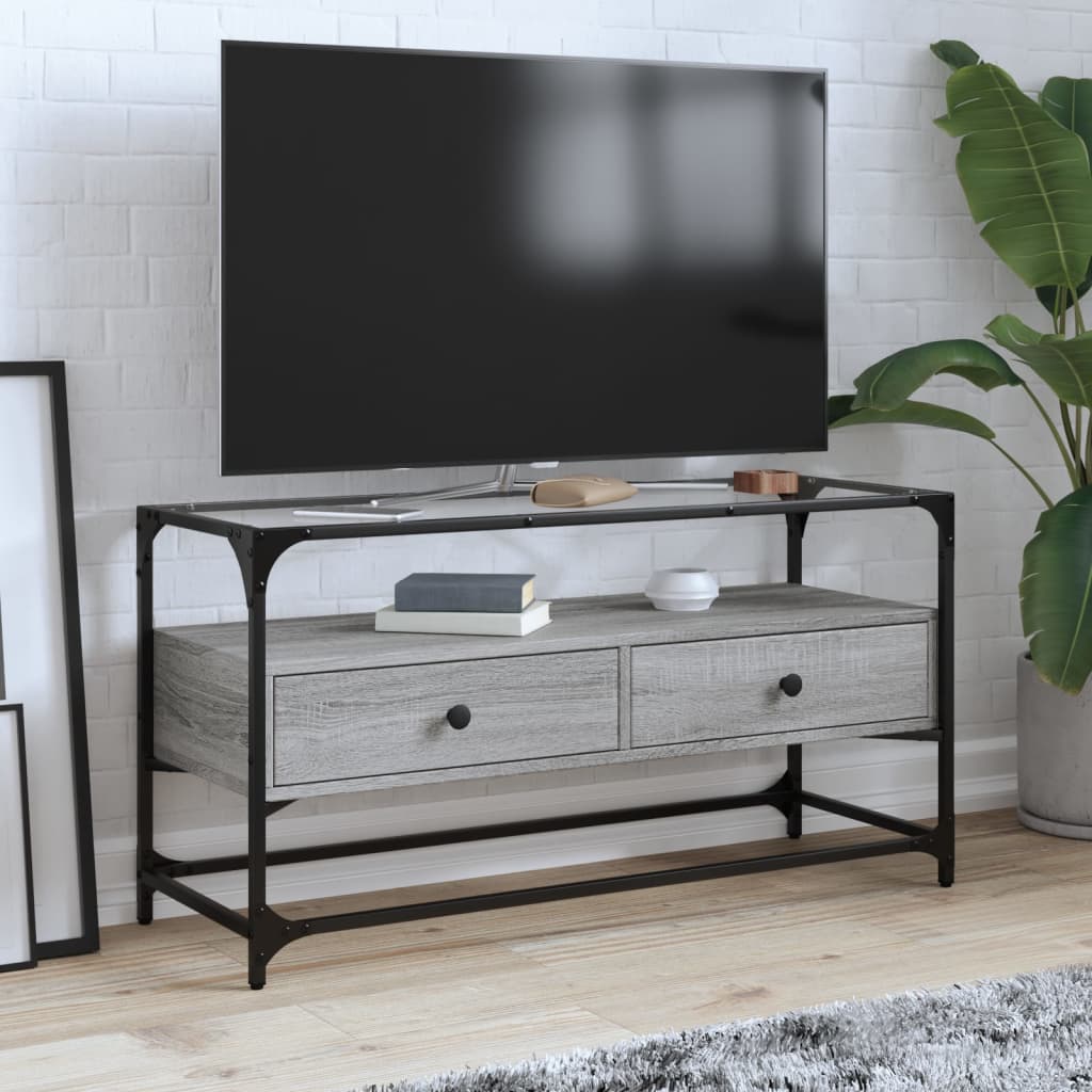 vidaXL Meuble TV avec dessus en verre sonoma gris bois d'ingénierie