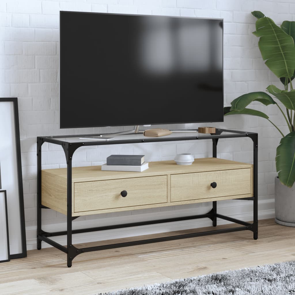 vidaXL Meuble TV avec dessus en verre chêne sonoma bois d'ingénierie