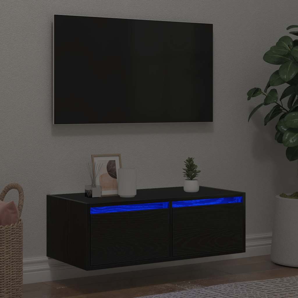 vidaXL Meuble TV avec lumières LED chêne noir 75x35,5x25 cm