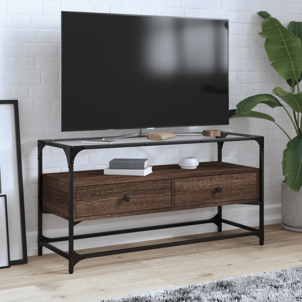 vidaXL Meuble TV avec dessus en verre chêne marron bois d'ingénierie