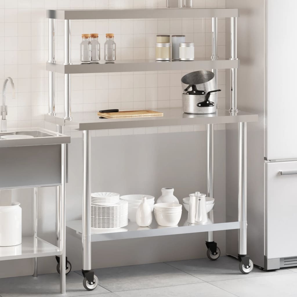 vidaXL Table de travail de cuisine avec étagère 110x55x150 cm inox