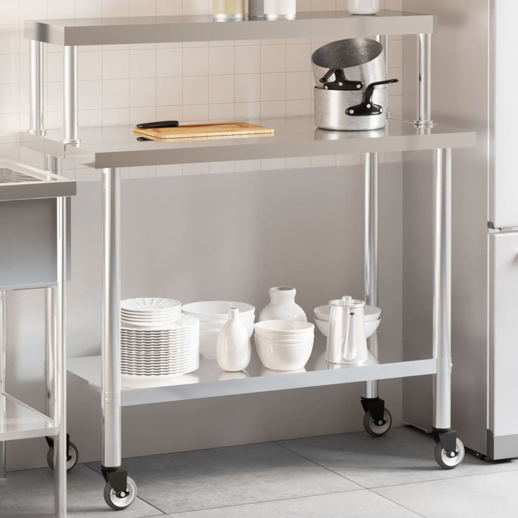 vidaXL Table de travail de cuisine avec étagère 110x55x120 cm inox
