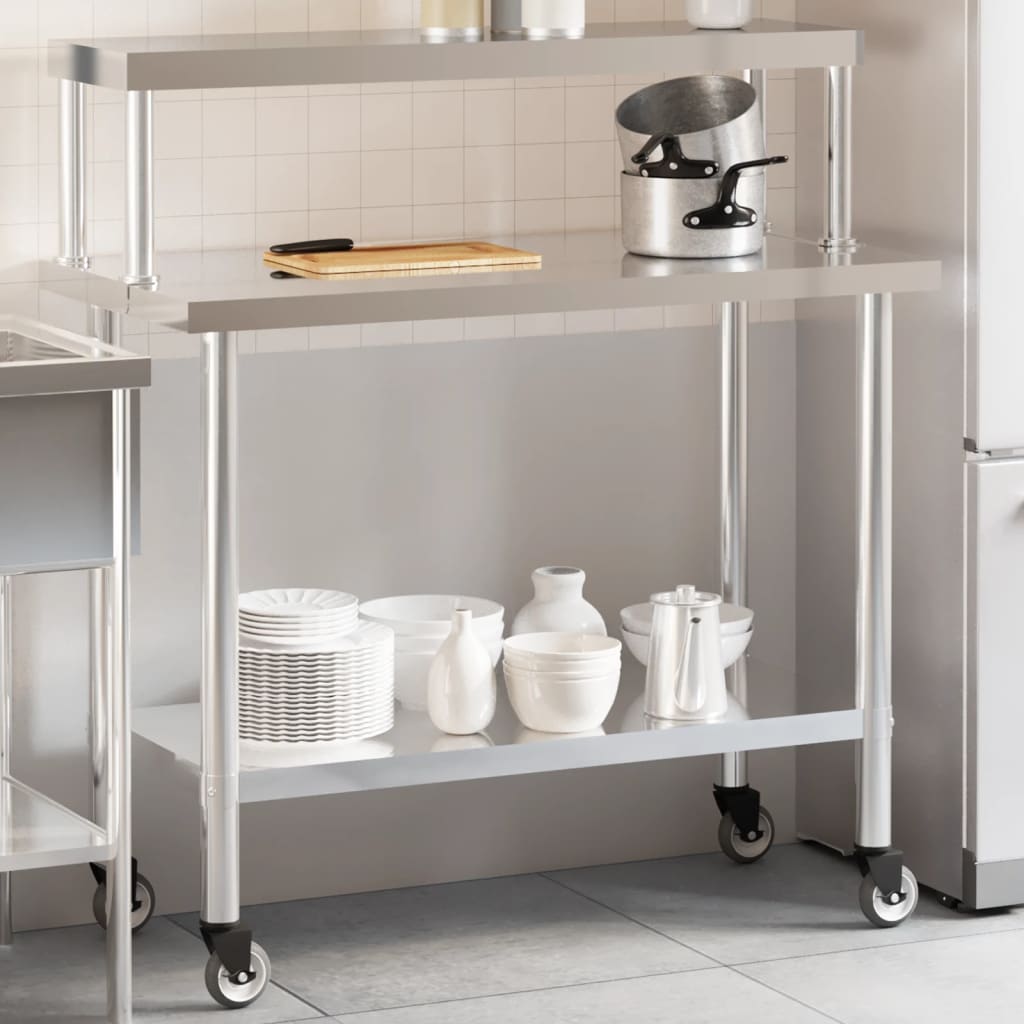 vidaXL Table de travail de cuisine avec étagère 110x55x120 cm inox