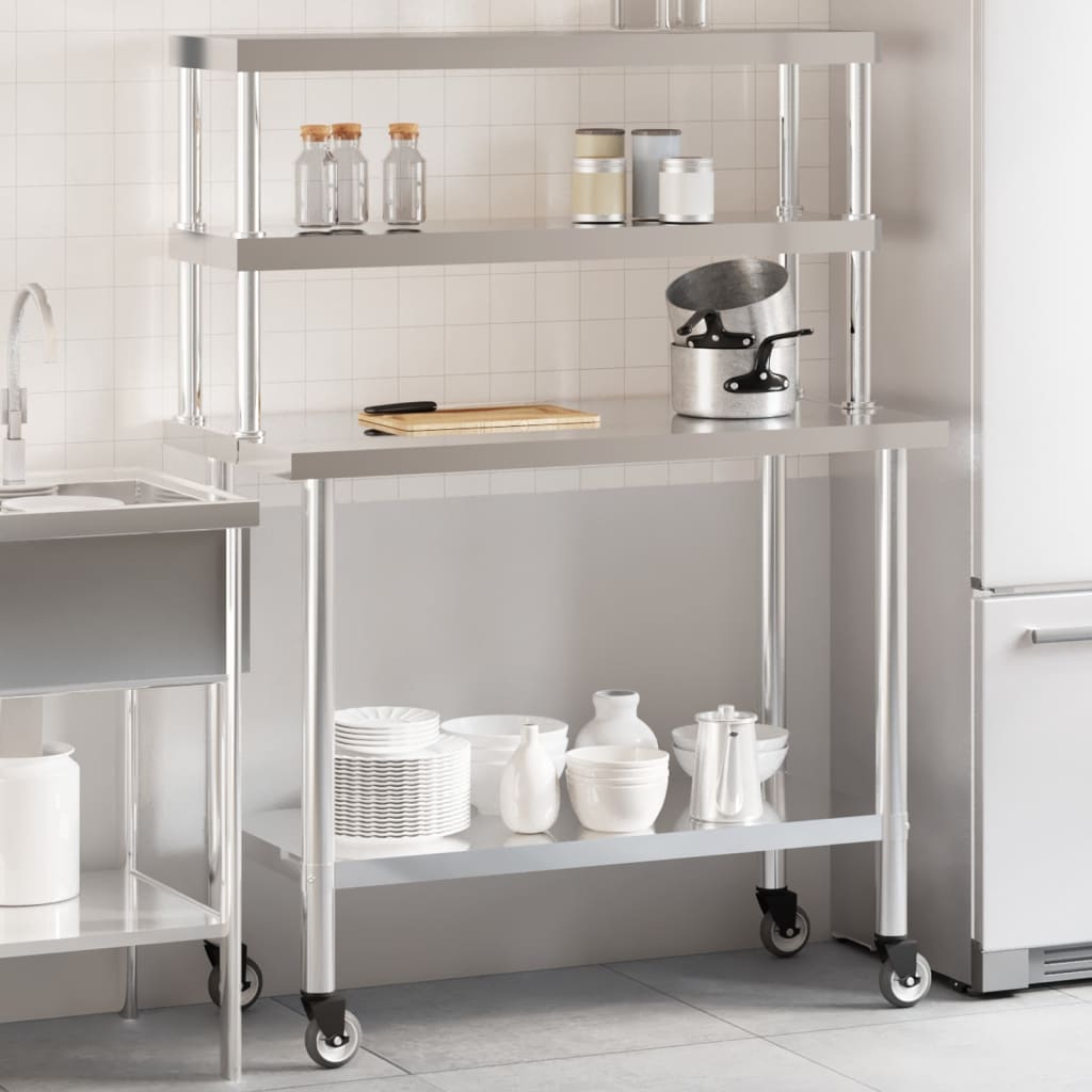 vidaXL Table de travail de cuisine avec étagère 110x55x150 cm inox