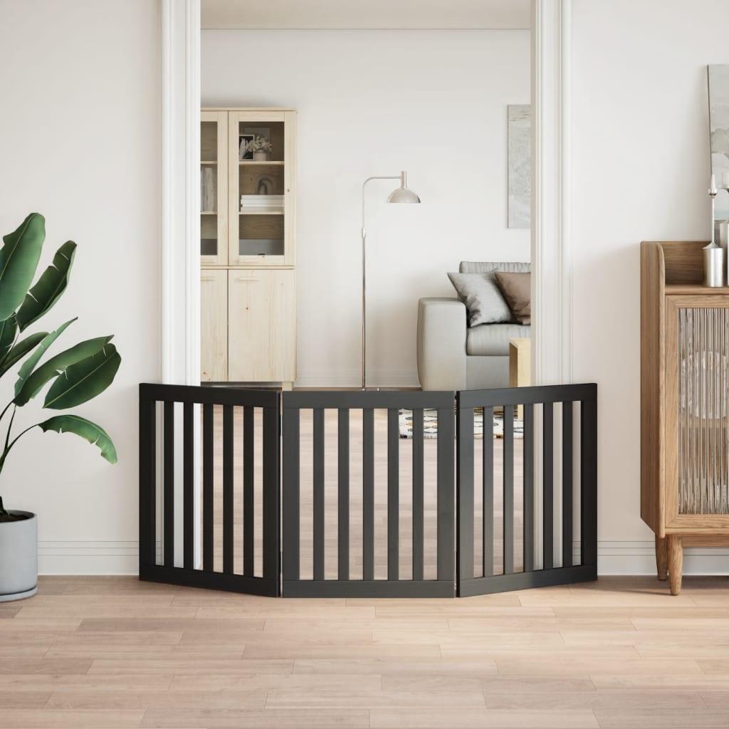 vidaXL Puerta para perros plegable 3 paneles madera álamo negra 150 cm - Image 3