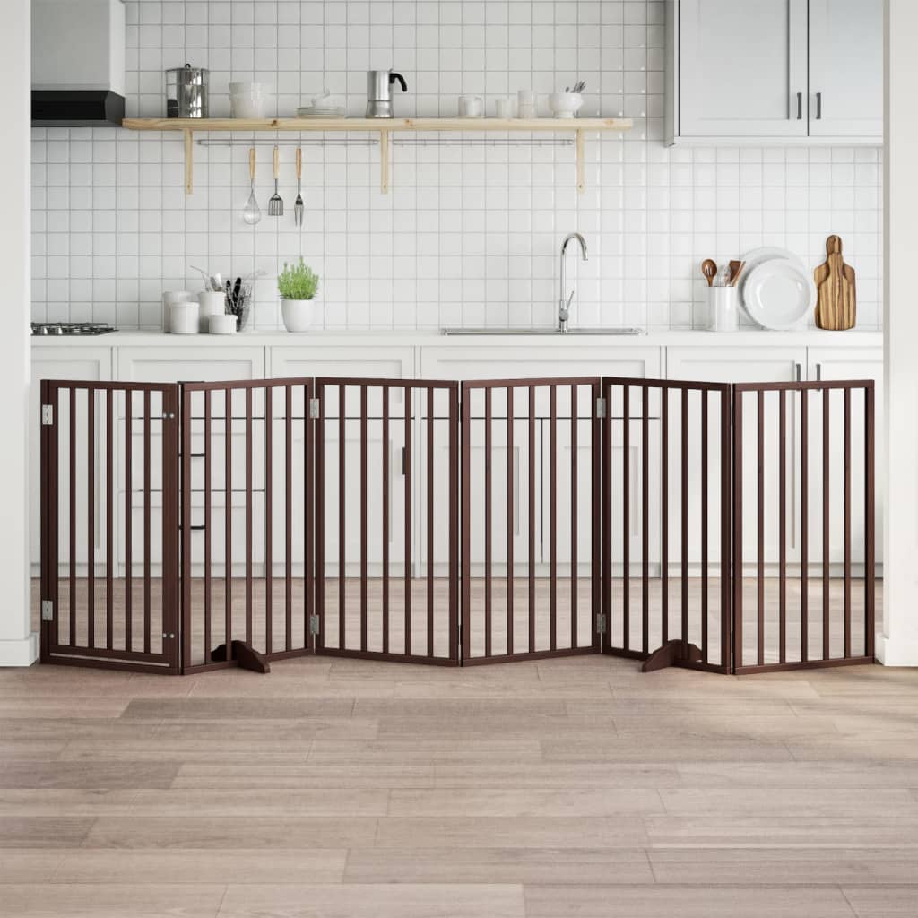 vidaXL Puerta para perros con puerta plegable de 6 paneles marrón 300 cm madera de álamo