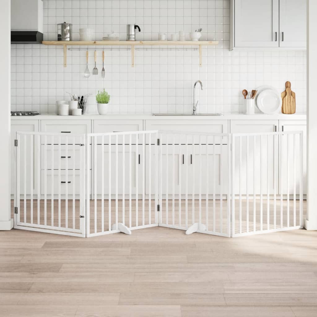 vidaXL Puerta para perros con puerta plegable de 4 paneles, blanca, 320 cm, madera de álamo