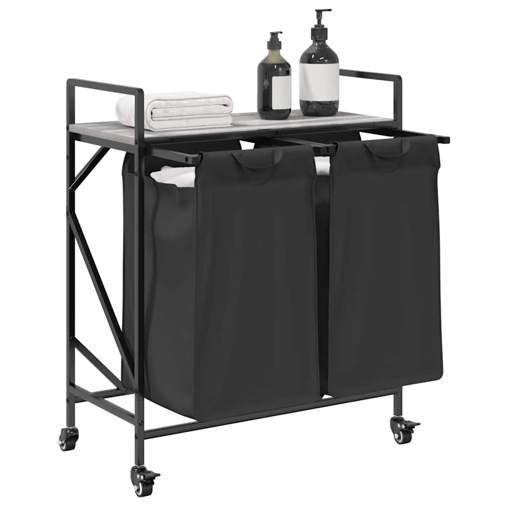 vidaXL Wäschekorb 2 Fächer mit Rollen Grau Sonoma - Image 4