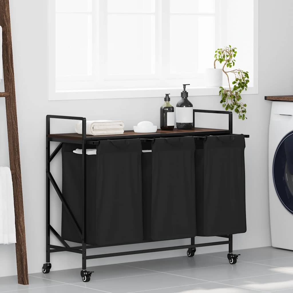 vidaXL Wäschekorb 3 Fächer mit Rollen Braune Eiche