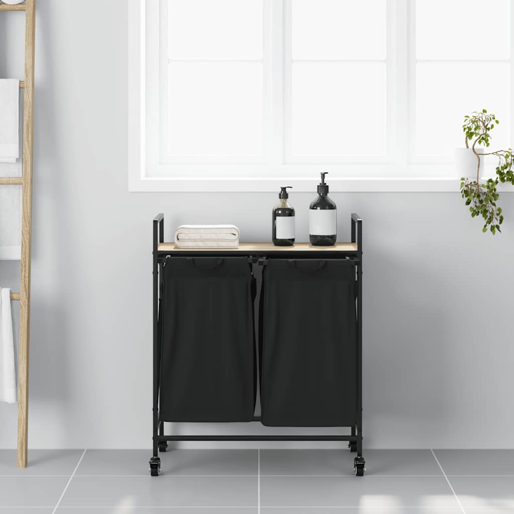 vidaXL Wäschekorb 2 Fächer mit Rollen Sonoma Eiche - Image 3