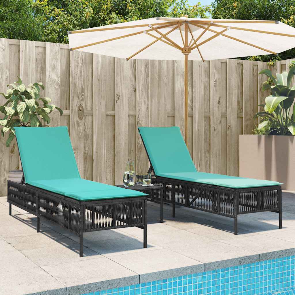 vidaXL Sonnenliegen 2 Stk. mit Tisch Schwarz Poly Rattan