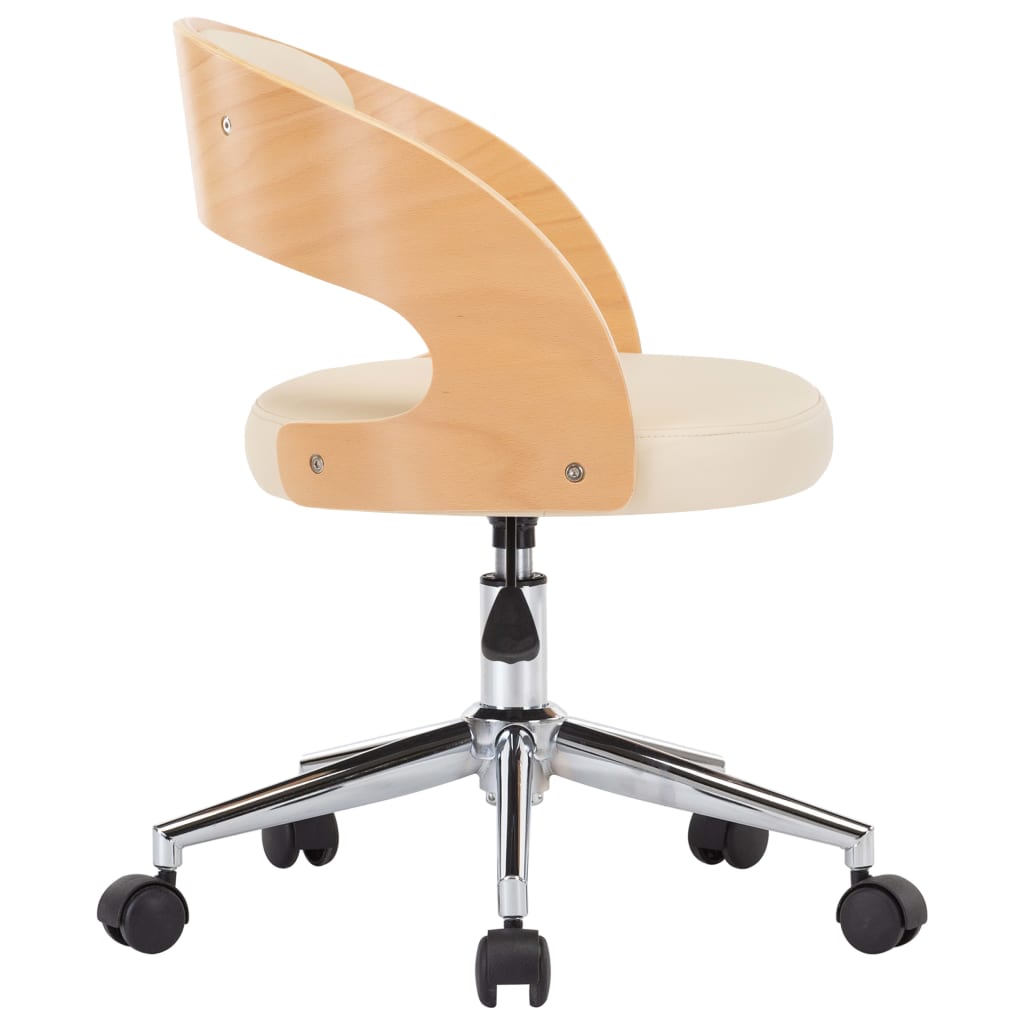 vidaXL Silla de oficina giratoria madera curvada cuero sintético crema - Image 4