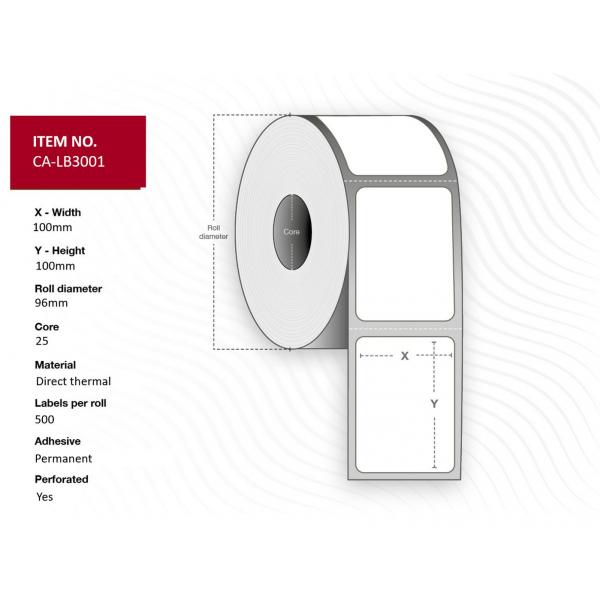 Capture CA-Lb3001 Etichetta Per Stampante Bianco (label 100x100, Core 25, - Diameter 96 Mm. Thermal - Print. Uncoated. Permanent. 500 Labels Per Roll