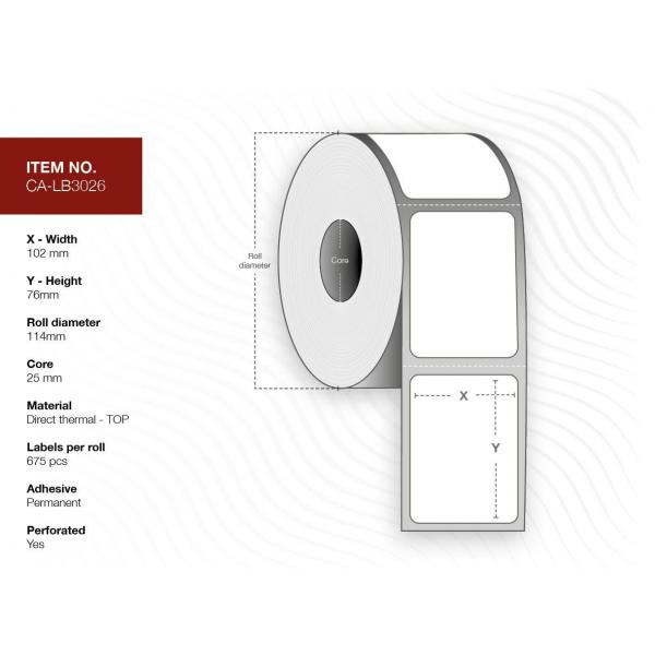 Capture CA-Lb3026 Etichetta Per Stampante Bianco (label 102x76, Core 25, - Diameter 114 Mm. Thermal - Print. Top Coated. Permanent. 675 Labels Per ro
