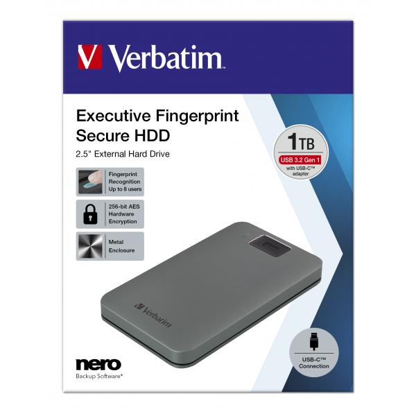 Verbatim 53652 Disco Rigido Esterno 1 Tb 5400 Giri/min 2.5 Usb TipO-C 3.2 Gen 1 [3.1 Gen 1] Grigio (verbatim Executive Fingerprint Secure Hdd Usb 3.2