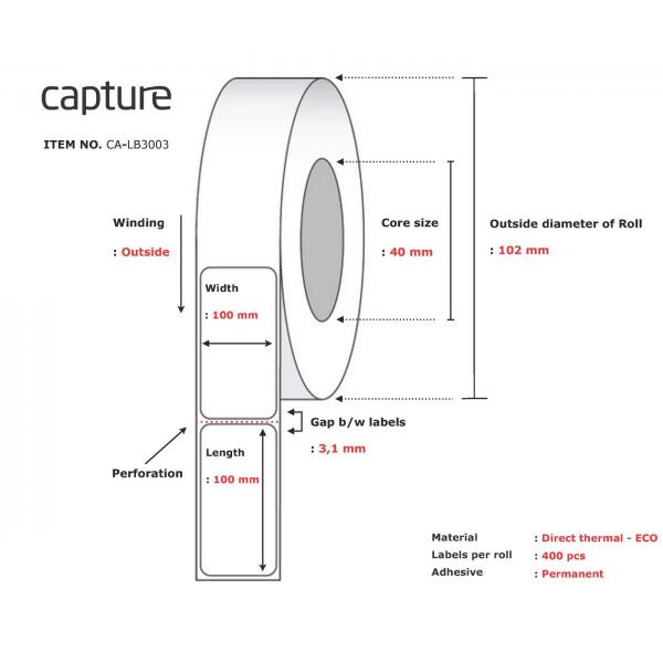 Capture CA-Lb3003 Etichetta Per Stampante Bianco (label 100x100, Core 40, - Diameter 102 Mm. Thermal - Print. Top Coated. Permanent. 400 Labels Per R