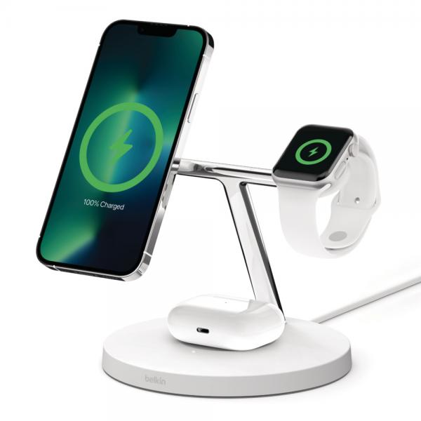 Belkin Boost?charge Pro Auricolare, Smartphone, Orologio Intelligente Bianco Dc Carica Wireless Ricarica Rapida Interno (magsafe 3-IN-1 Wireless Char