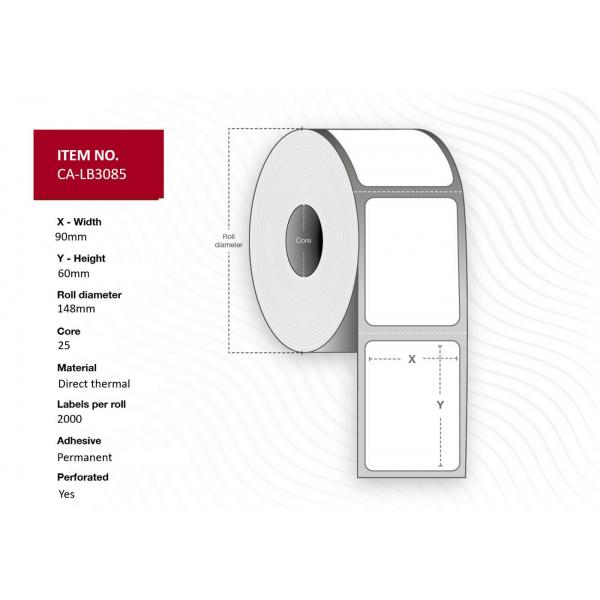 Capture CA-Lb3085 Etichetta Per Stampante Bianco (label 90x60, Core 25, - Diameter 148 Mm. Thermal - Print. Uncoated. Permanent. 2000 Labels Per Roll