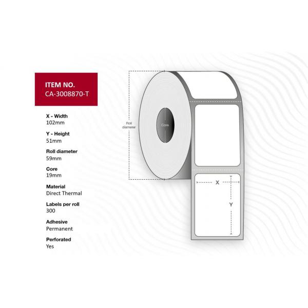 Capture CA-3008870-T Etichetta Per Stampante (label 102 X 51mm, Core 19mm, - Outside Diameter 59mm, Direct - Thermal, Uncoated, Permanent, Perforatio