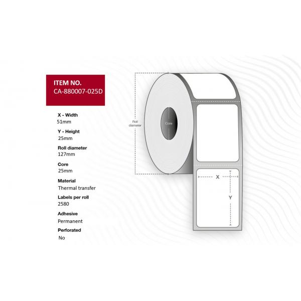 Capture CA-880007-025d Etichetta Per Stampante (label 51 X 25mm, Core 25mm, - Thermal Transfer, Uncoated, - Permanent, No Perforation, 2580 Labels pe