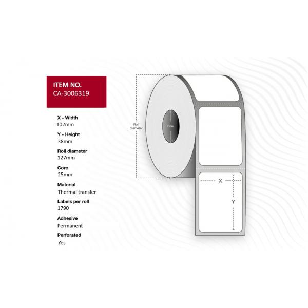 Capture CA-3006319 Etichetta Per Stampante (label 102 X 38mm, Core 25mm, - Thermal Transfer, Coated, - Permanent, Perforated, 1790 Labels Per Roll, 1