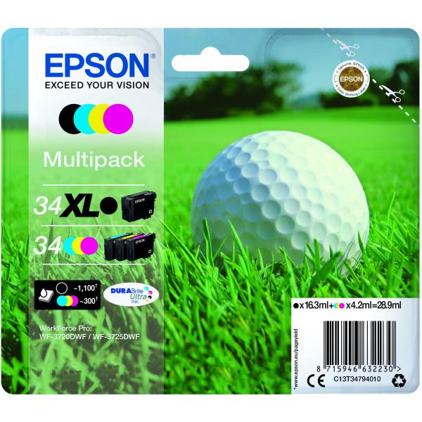 Epson Golf Ball C13t34794010 Cartuccia D'inchiostro 1 Pz Originale Resa Elevata [xl] Nero, Ciano, Magenta, Giallo (epson 34xl Multipack Xl Black / st