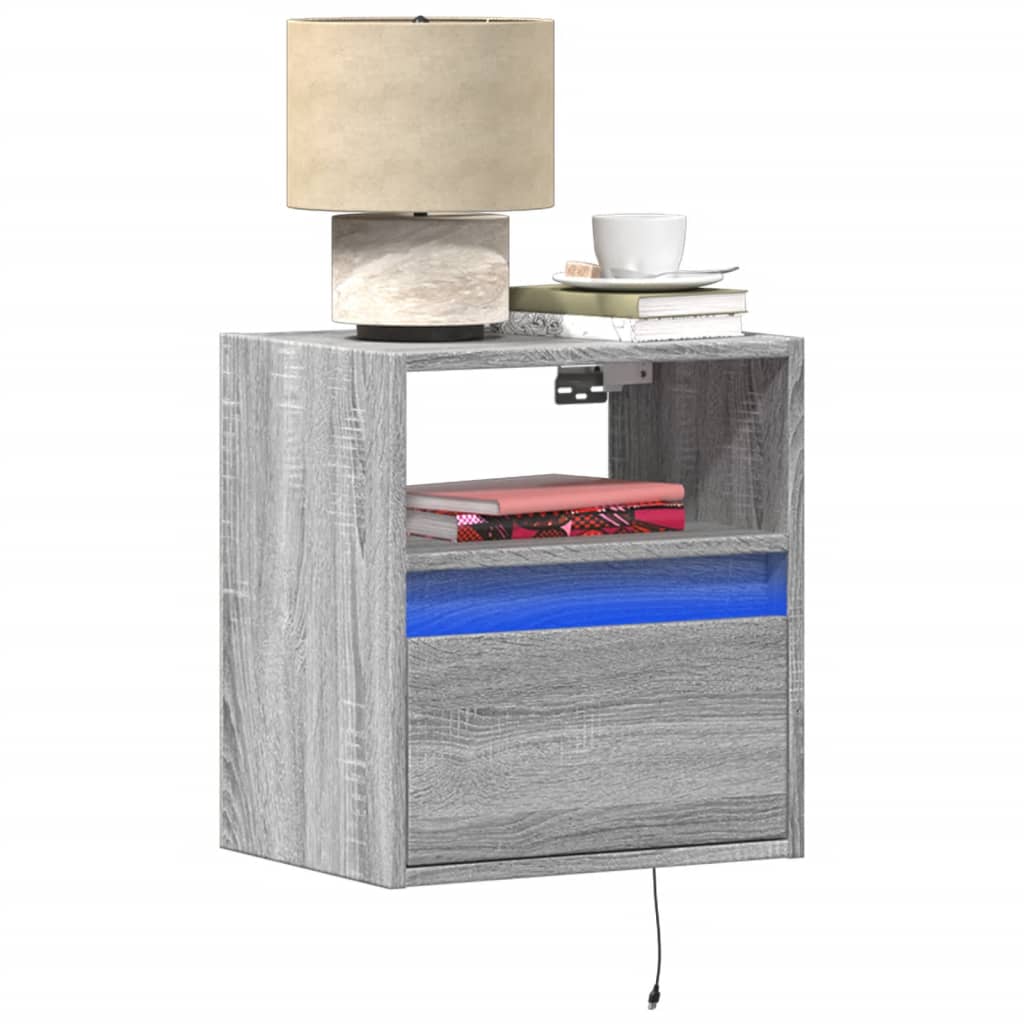Comodino A Parete Con Luci Led Grigio Sonoma