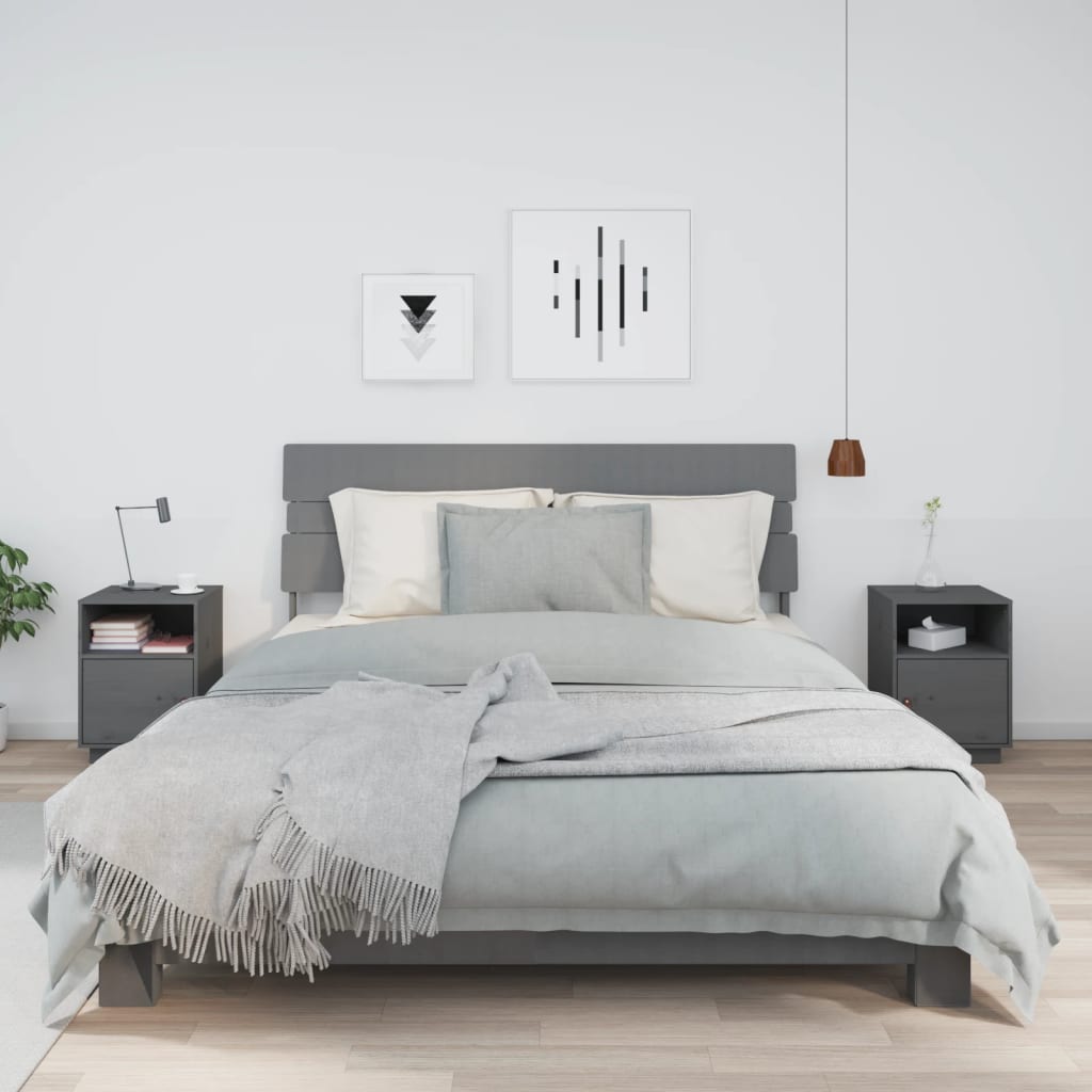 Comodini Grigi 2 Pz 40x34x55 Cm In Legno Massello Di Pino