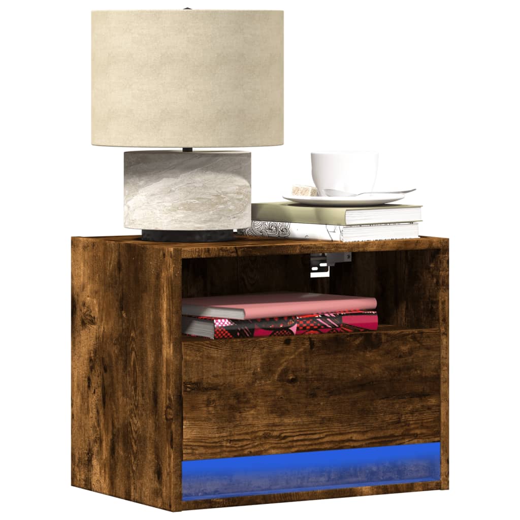 Comodino A Parete Con Luci Led Rovere Fumo