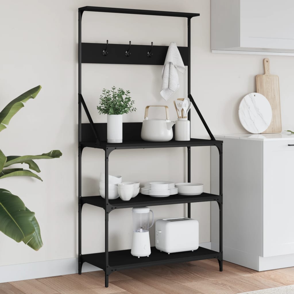 Scaffale Da Cucina Con Ganci 4 Ripiani Nero Legno Multistrato