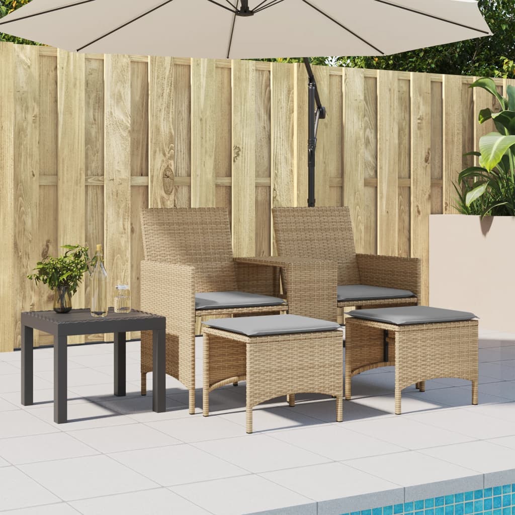 Divano Giardino 2 Posti Con Tavolo E Sgabelli Beige Polyrattan - Image 3